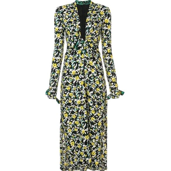 Proenza Schouler Yellow Floral Crepe Knot Midi Dress V-Neck Long Sleeve Size 2 - Picture 2 of 14